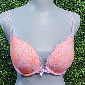 Victoria's Secret, Very Sexy Plunge, Bra, Orange w/ pink lace, Size 36C